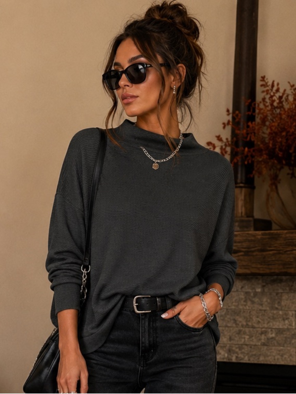Women's Dark Olive Green Cowl-Neck Long Sleeve Ribbed Oversized Dolman Sweater
